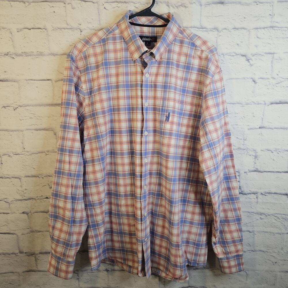johnnie O Mens Large Button Down Shirt Plaid Long Sleeve Preppy Cotton